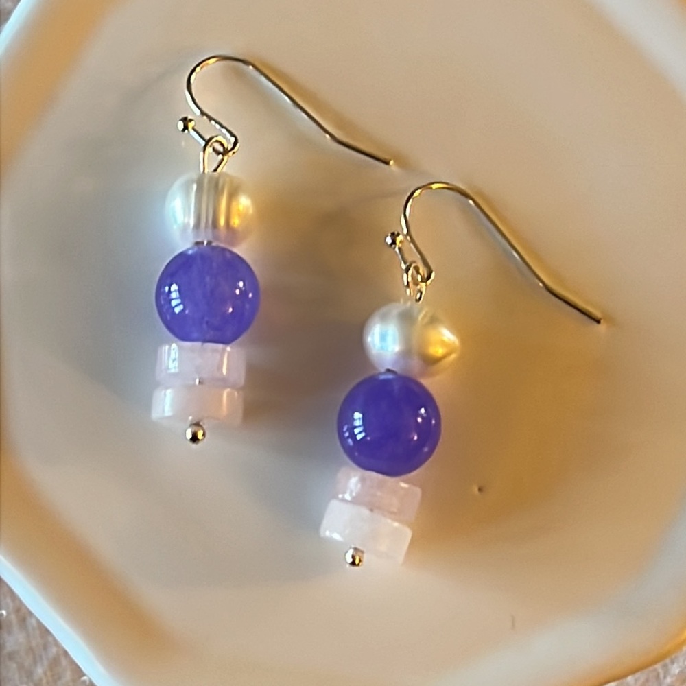 Fresh Water Pearl,Lavender Quartz & Rose Quartz Earrings